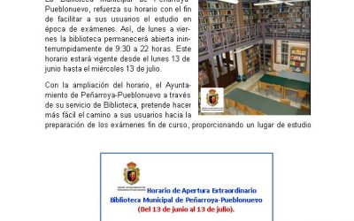 HORARIO EXTRAORDINARIO DE APERTURA DE LA BIBLIOTECA MUNICIPAL DE PEÑARROYA-PUEBLONUEVO