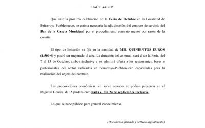 Bando Adjudicación del Contrato de Servicio del Bar de la Caseta Municipal Feria Octubre 2018.