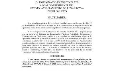 BANDO AMPLIACIÓN HORARIO APERTURA Y CIERRE DE ESTABLECIMIENTOS PÚBLICOS NAVIDAD 2019-2020