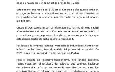 El Ayuntamiento de Peñarroya-Pueblonuevo Reduce el Periodo Medio de Pago a Proveedores en un 81%