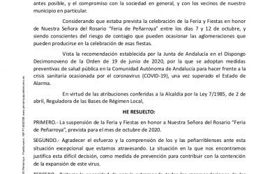 SUSPENSIÓN DE LA FERIA Y FIESTAS EN HONOR A NUESTRA SEÑORA DEL ROSARIO «FERIA DE PEÑARROYA» PREVISTA PARA EL MES DE OCTUBRE DE 2020