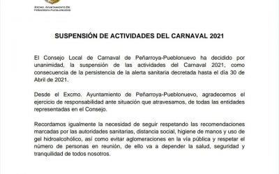 COMUNICADO SUSPENSIÓN ACTIVIDADES CARNAVAL 2021