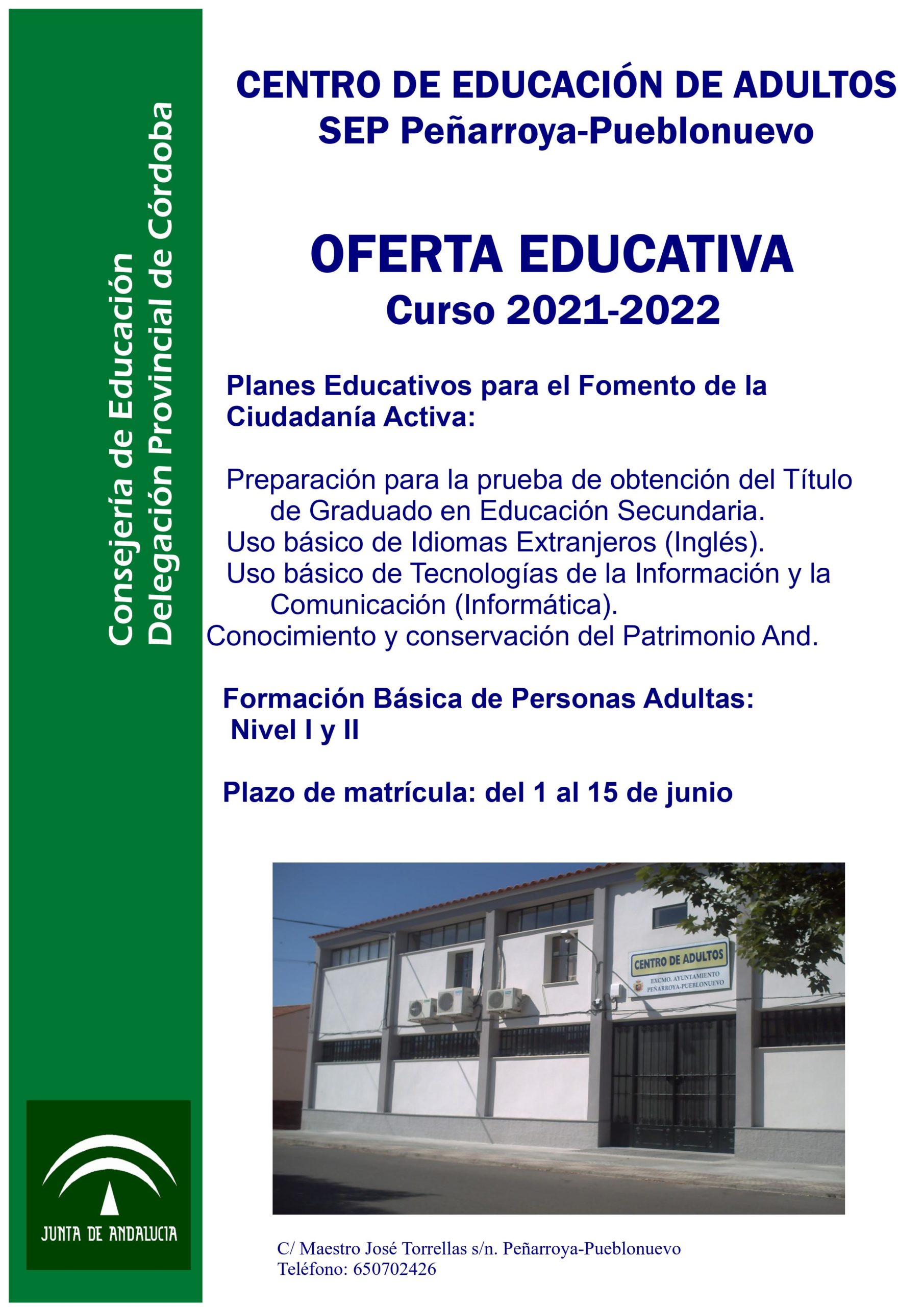 OFERTA EDUCATIVA CURSO 2021-2022 CENTRO EDUCACIÓN ADULTOS SEP PEÑARROYA-PUEBLONUEVO.