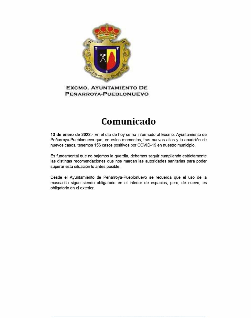 Datos COVID-19 Peñarroya-Pueblonuevo 13 Enero 2022
